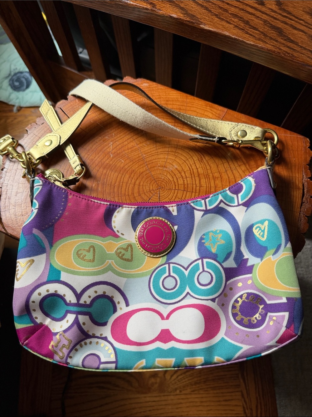 Coach Multicolor Logo Print Shoulder Bag in Purple, Teal, Pink & Gold